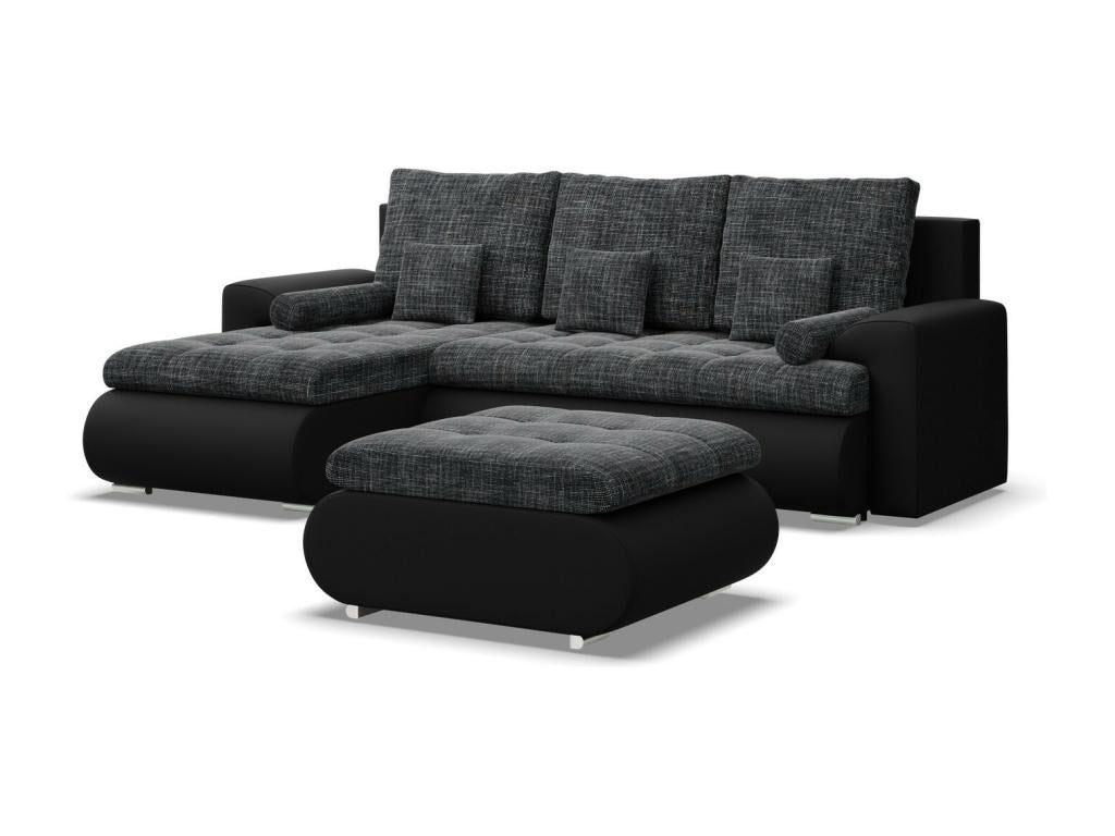 U-shaped corner sofa with sleep function, ottoman, dark grey/black BCUK59963