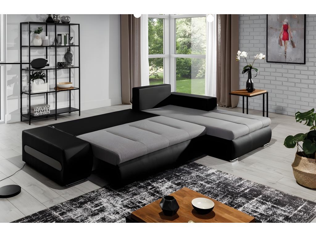 5-seater corner sofa bed in luxury grey fabric and black faux leather, right-hand corner as seen from the front - Nobellea PIYD37054