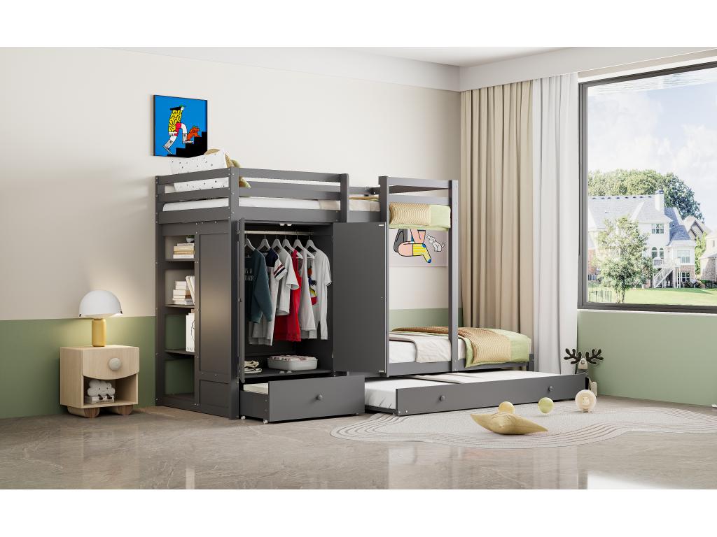 Bunk beds 2x90x200 cm with trundle bed 190x90 cm - Wardrobe with drawer and storage shelves - Pine wood and MDF - Grey color ZOTV53712