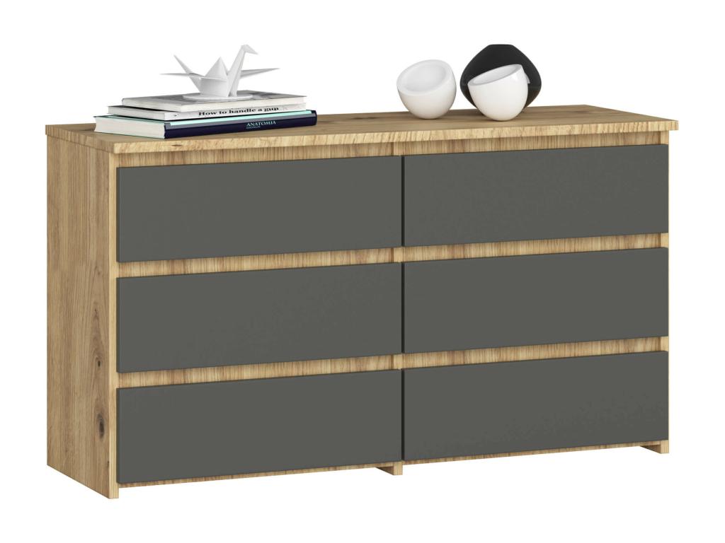 Nobellea CL100 Small Chest of Drawers, Nobellea Oak, 100 cm, 6 Drawers, Graphite Grey Front, 100x35x57 cm, JTGE91552