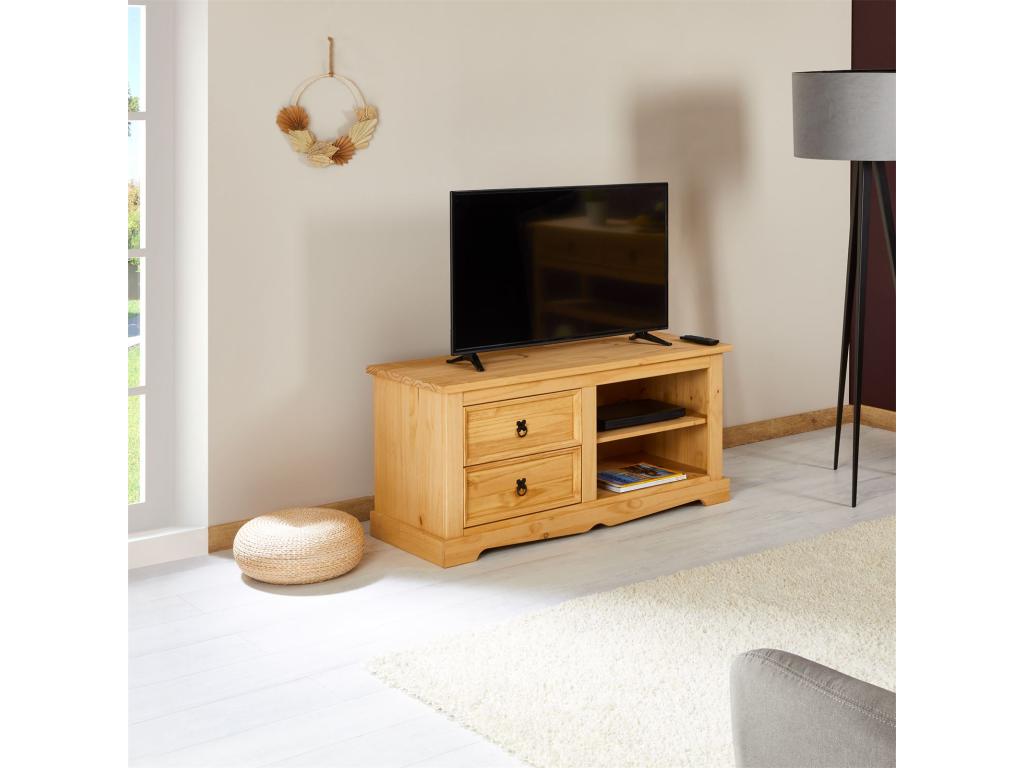 Dekonao Mexican style TV unit, 120 cm, with 2 drawers and 2 shelves, solid pine, waxed finish LBNQ52760