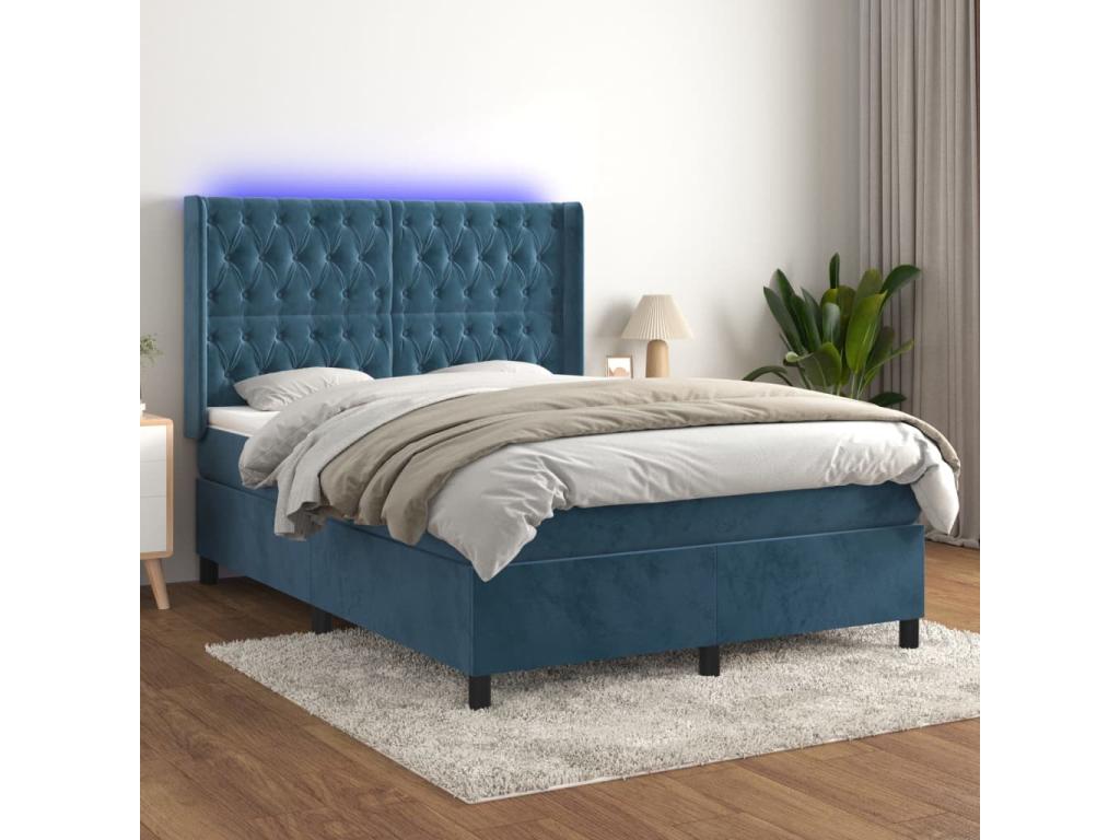 Upholstered bed base with mattress and LED light, dark blue, 140x190 cm, velvet, MBXC12797