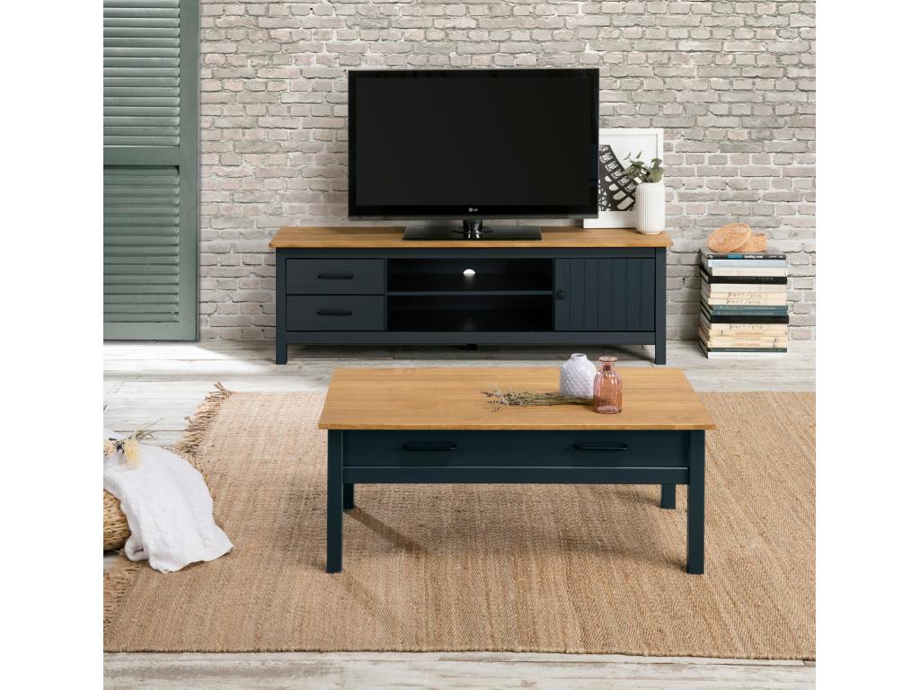 Solid pine TV stand with waxed oak and blue finish, storage unit - Length 158 x Depth 40 x Height 47 cm ACWV89082