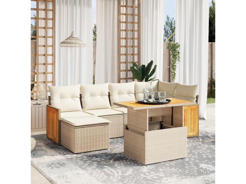 7-piece garden furniture set with cushions, beige wicker resin VPPH32321