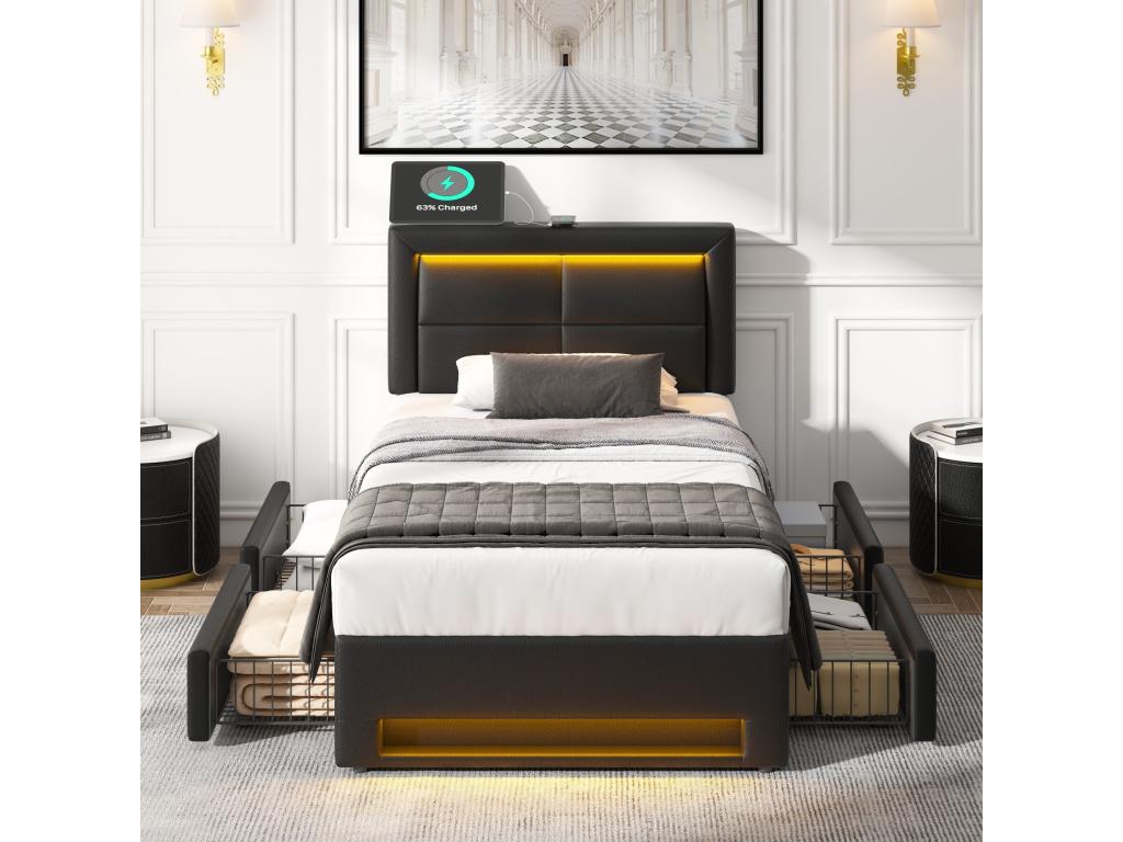 Upholstered bed 90x190 cm with USB port, supports wireless and wired charging, with LED lighting and four drawers, PU-Nobellea black GJFF36840